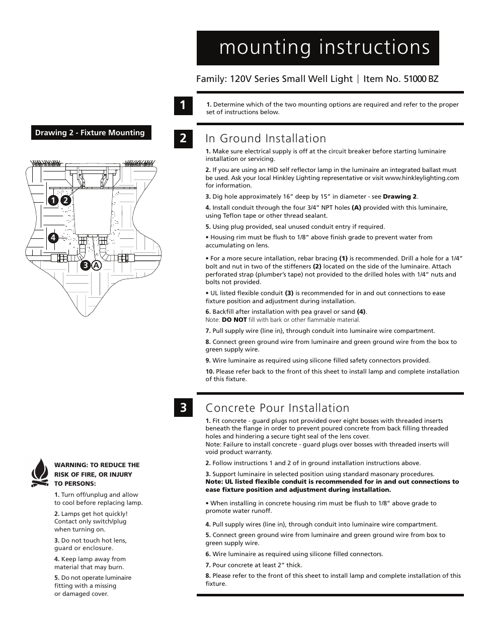 Is51000back.ai, Mounting instructions, Concrete pour installation | Hinkley Lighting 100W-INC SM. IN-GROUND WELL LIGHT 51000 User Manual | Page 2 / 2