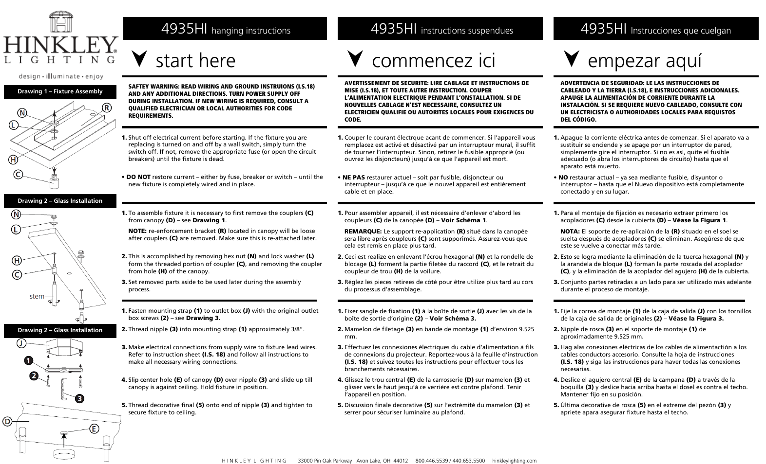 Start here, Commencez ici, Empezar aquí | 4935hi, Hanging instructions, Instructions suspendues, Instrucciones que cuelgan | Hinkley Lighting GATSBY 4935PL User Manual | Page 2 / 3