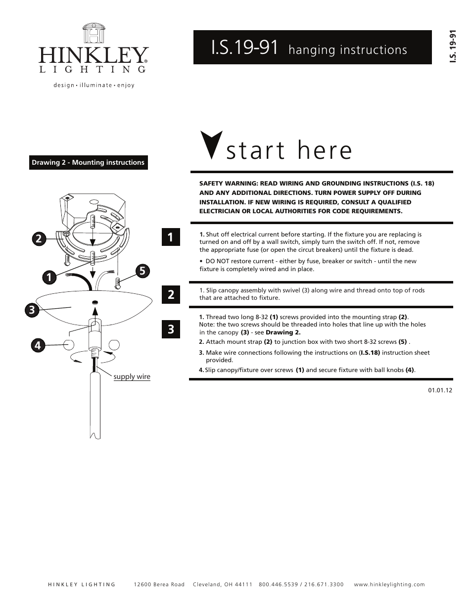 Start here, I.s.19-91, Hanging instructions | Hinkley Lighting HARLOW 4218PN User Manual | Page 2 / 3