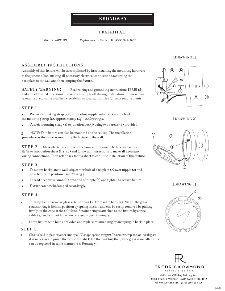 Hinkley Lighting BROADWAY FR41431PAL User Manual | 1 page