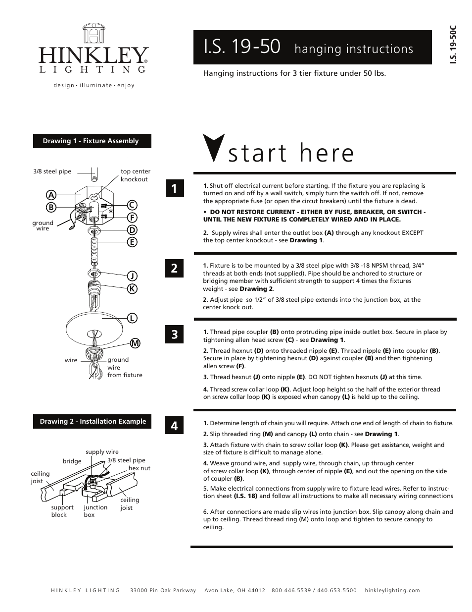 Start here, I.s. 19-50, Hanging instructions | Hinkley Lighting PLANTATION 4889BB User Manual | Page 2 / 3