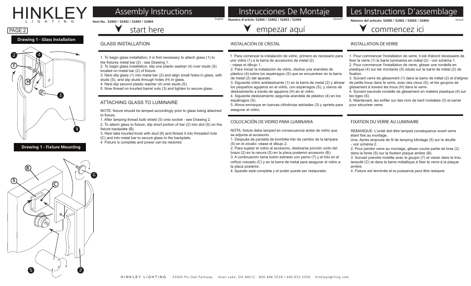 Hinkley, Start here, Commencez ici | Empezar aquí, Assembly instructions, Les instructions d’assemblage, Instrucciones de montaje | Hinkley Lighting CHLOE 52400BN User Manual | Page 2 / 3