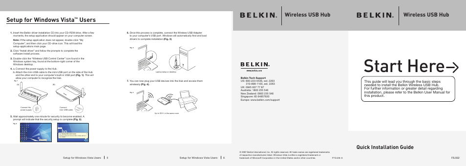 Start here, Setup for windows vista, Users | Wireless usb hub, Quick installation guide | Belkin F5U302 User Manual | Page 2 / 2