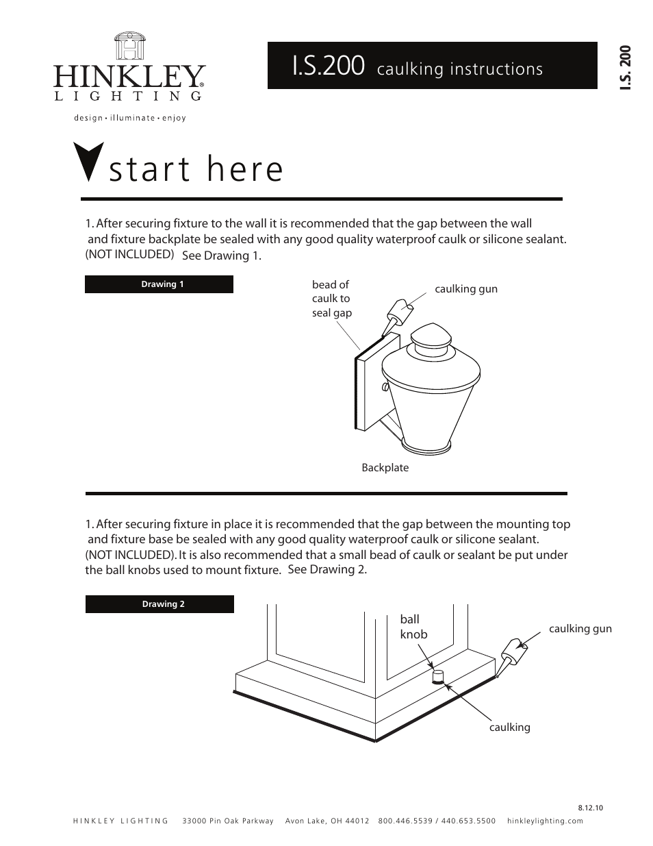 Start here, I.s.200, Caulking instructions | Hinkley Lighting PLANTATION 2120PZ User Manual | Page 3 / 4