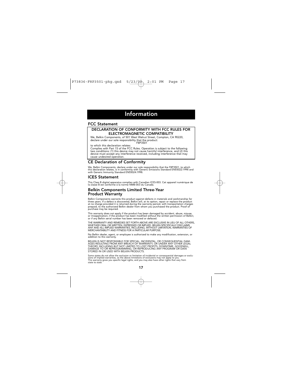 Information | Belkin m500 User Manual | Page 19 / 20