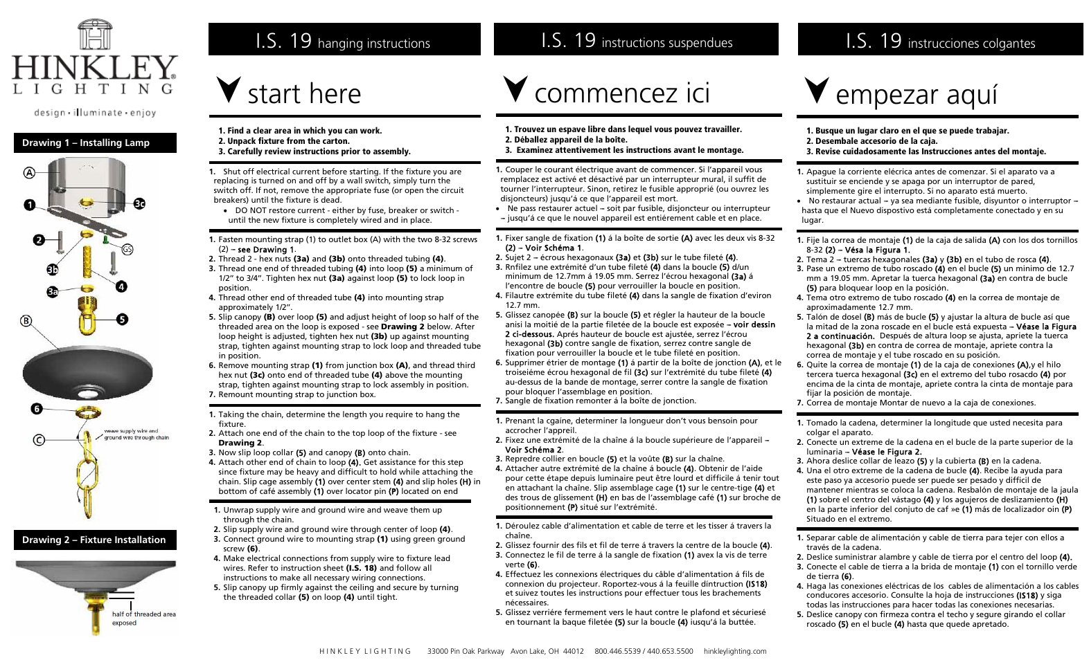 Start here, Commencez ici, Empezar aquí | I.s. 19, Hanging instructions, Instructions suspendues, Instrucciones colgantes | Hinkley Lighting MANHATTAN 2232 User Manual | Page 2 / 3