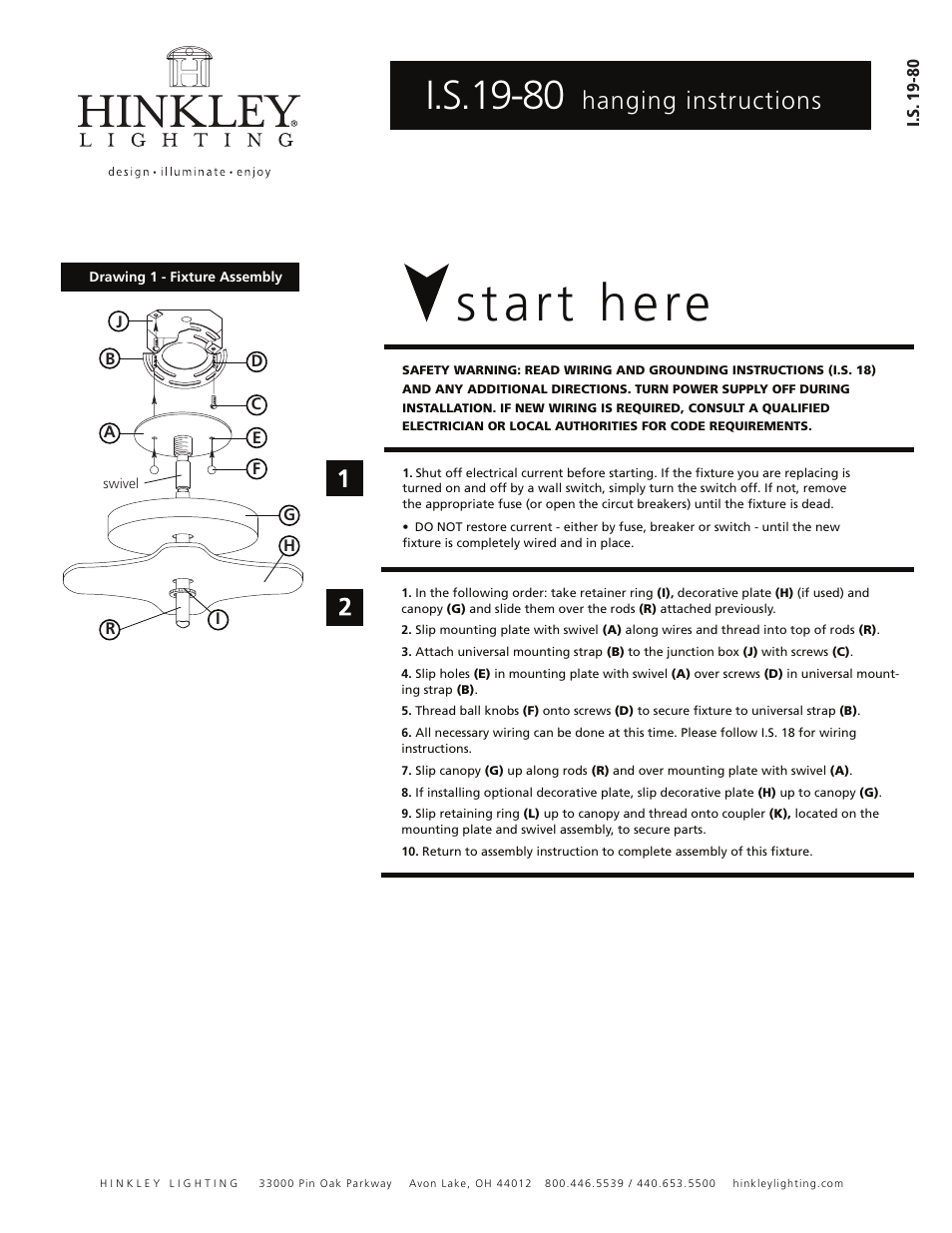 Start here, I.s.19-80, Hanging instructions | Hinkley Lighting CIRRUS 3804BN User Manual | Page 2 / 3