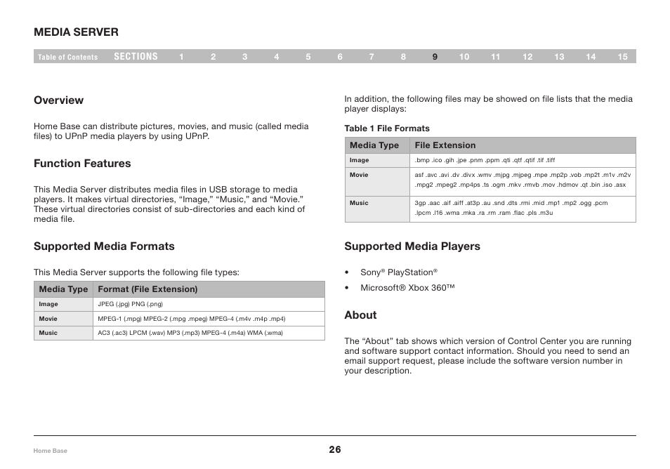 Media server, Overview, Function features | Supported media formats, Supported media players, About | Belkin Home Base F5L049 User Manual | Page 28 / 58