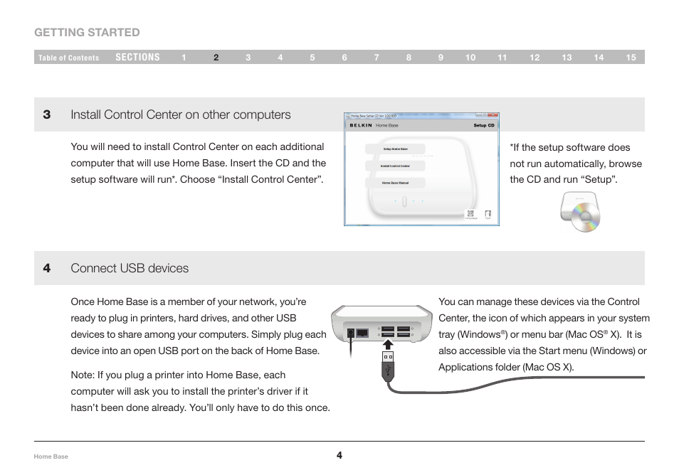 Install control center on other computers 3, Connect usb devices 4 | Belkin Home Base F5L049 User Manual | Page 6 / 58