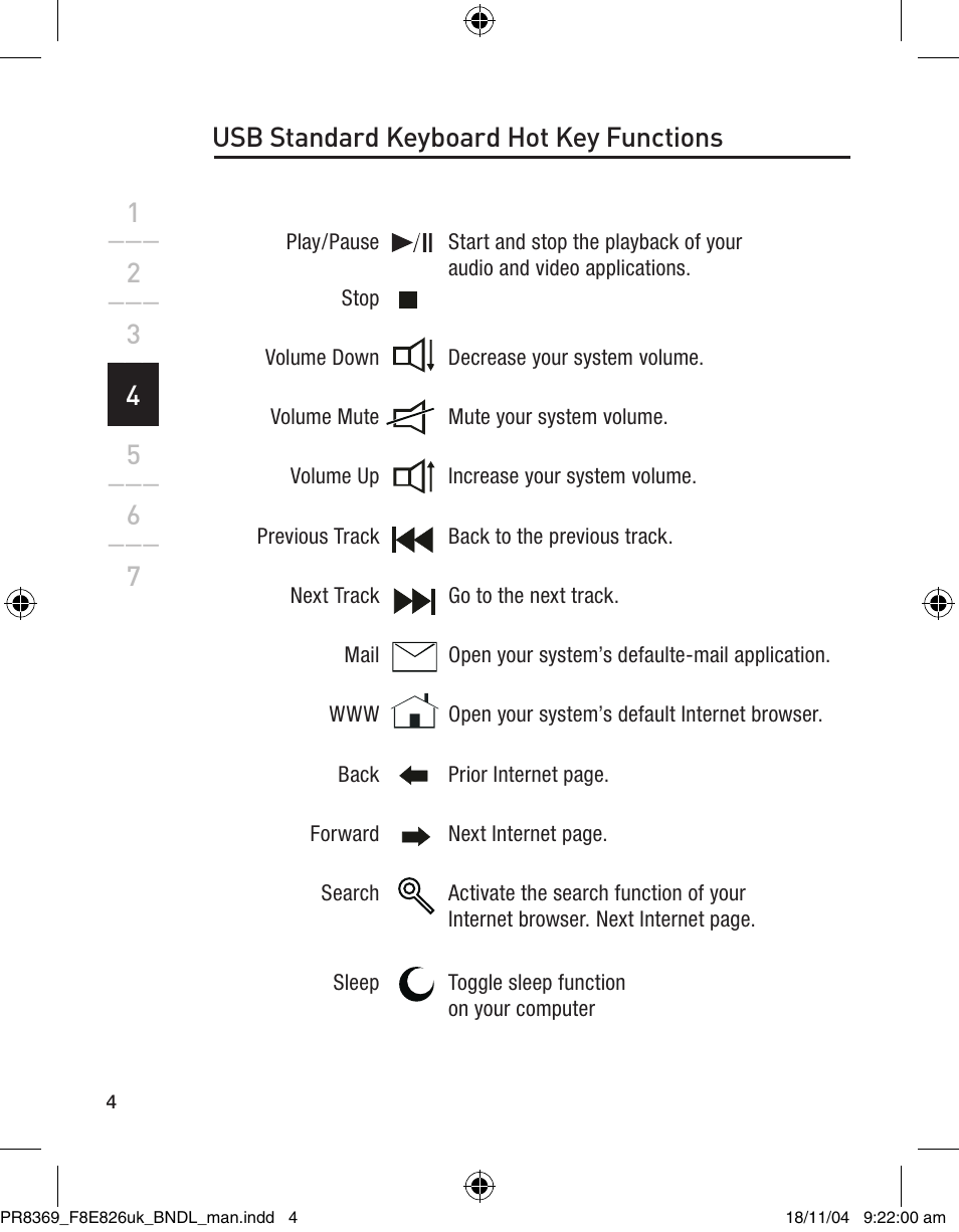 4usb standard keyboard hot key functions | Belkin F8E846UKBNDL User Manual | Page 7 / 13