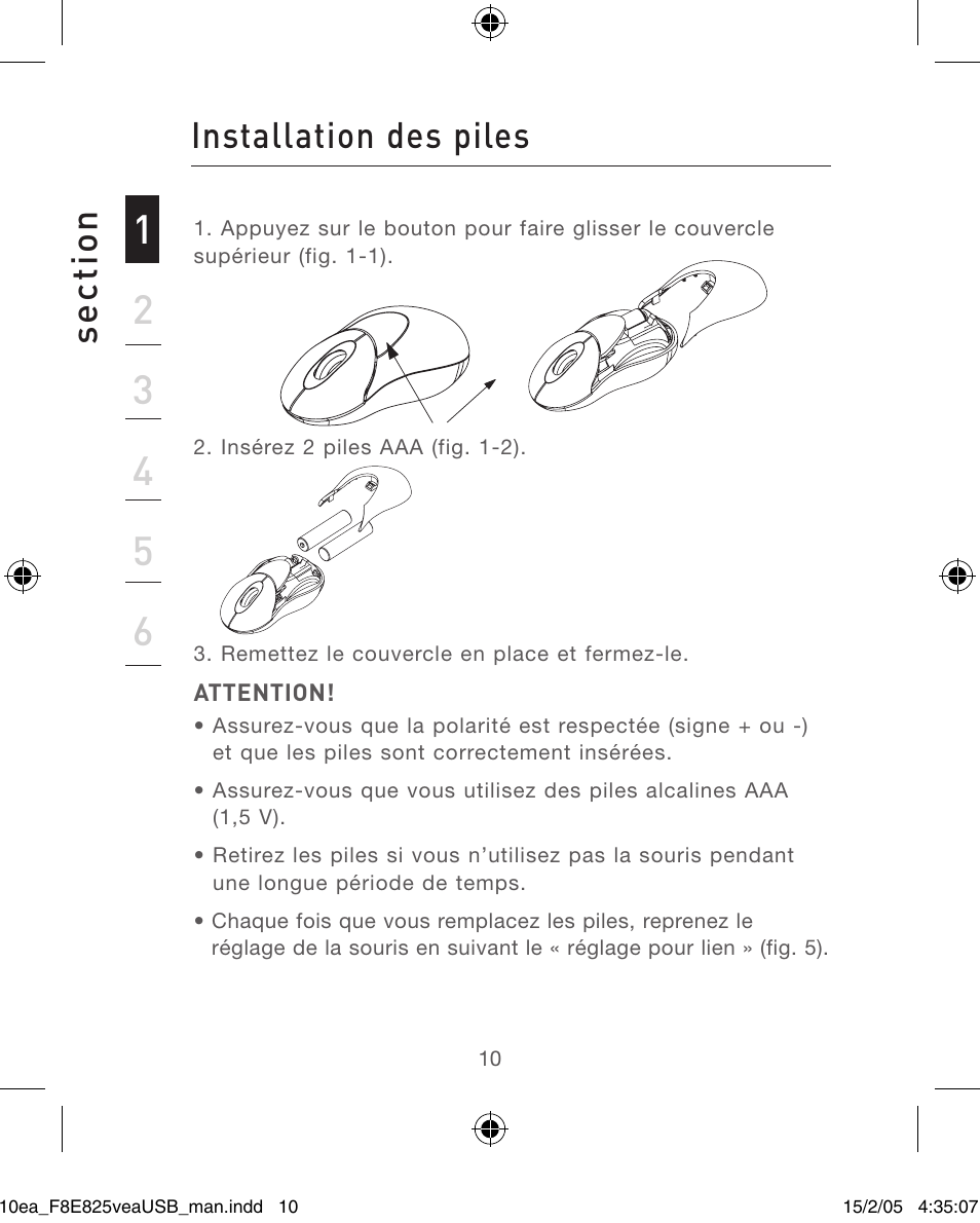 Se ct io n, Installation des piles | Belkin F8E825VEAUSB User Manual | Page 10 / 44