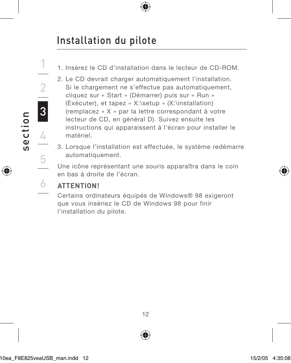 Se ct io n, Installation du pilote | Belkin F8E825VEAUSB User Manual | Page 12 / 44