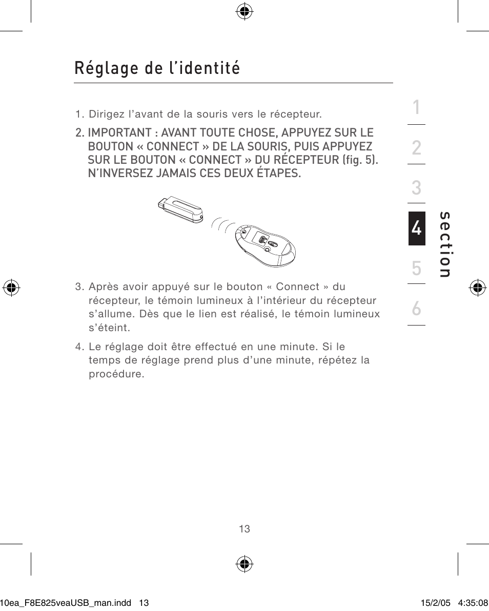 Se ct io n, Réglage de l’identité | Belkin F8E825VEAUSB User Manual | Page 13 / 44