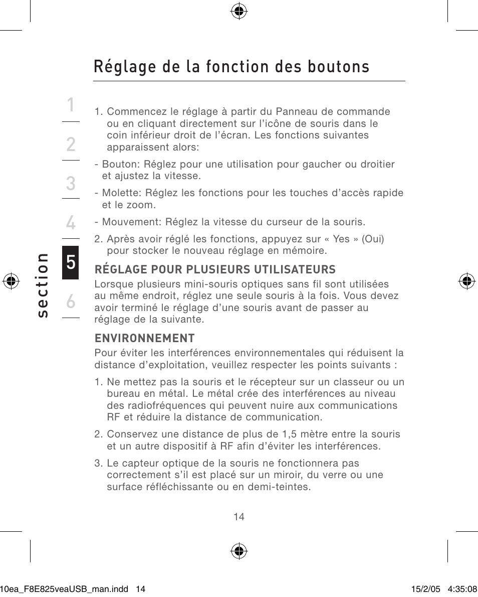 Se ct io n, Réglage de la fonction des boutons | Belkin F8E825VEAUSB User Manual | Page 14 / 44