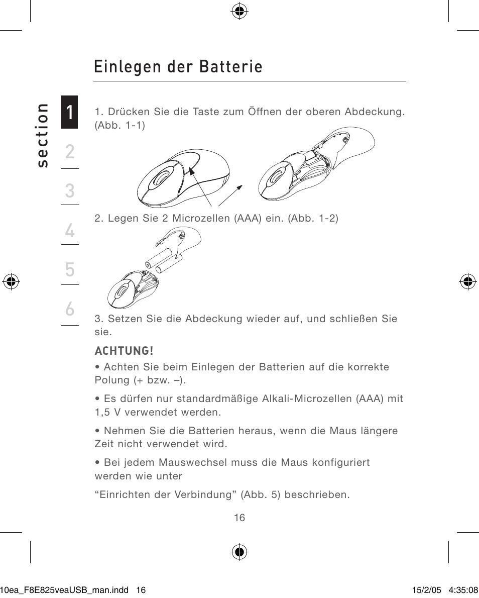 Se ct io n, Einlegen der batterie | Belkin F8E825VEAUSB User Manual | Page 16 / 44