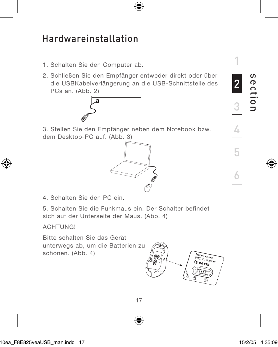 Se ct io n, Hardwareinstallation | Belkin F8E825VEAUSB User Manual | Page 17 / 44