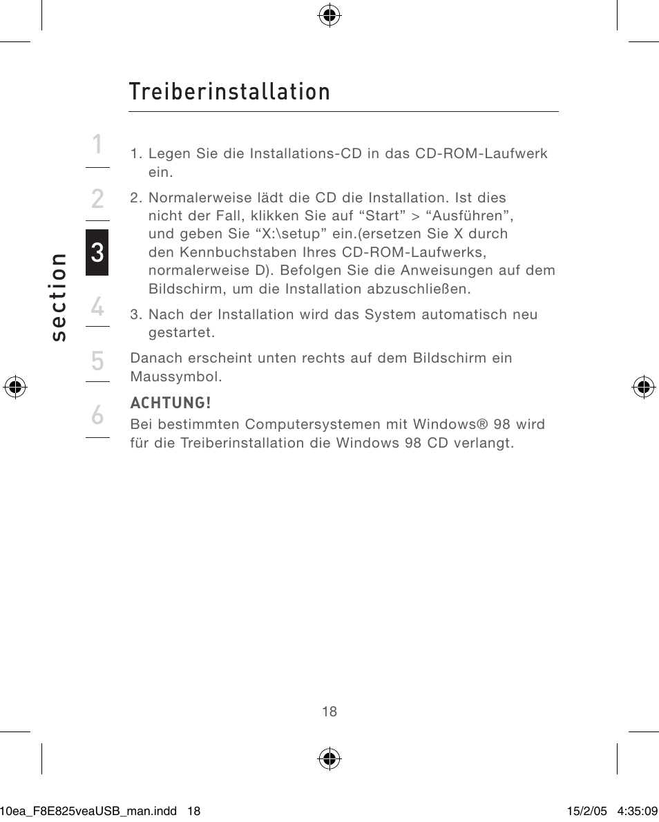 Se ct io n, Treiberinstallation | Belkin F8E825VEAUSB User Manual | Page 18 / 44