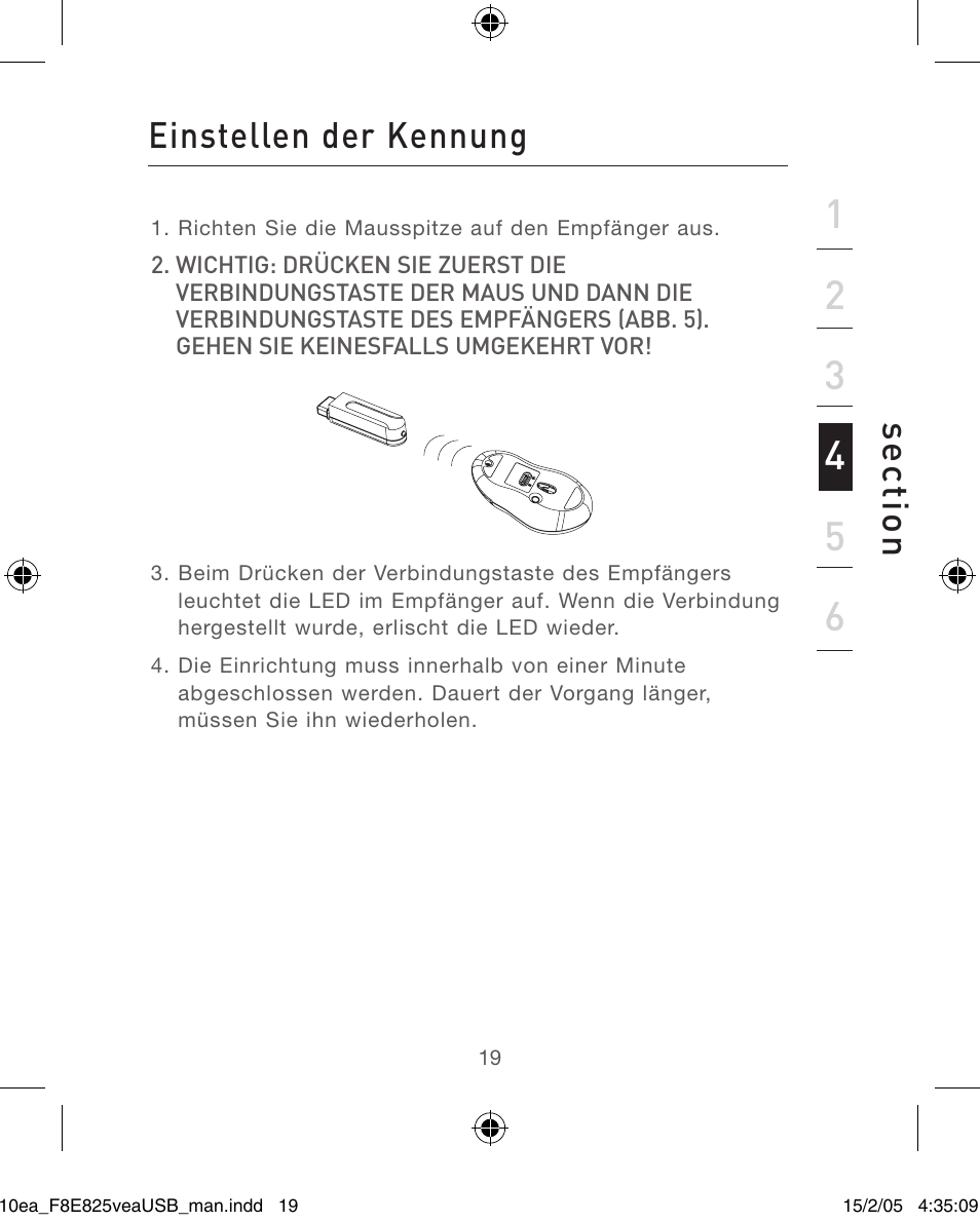Se ct io n, Einstellen der kennung | Belkin F8E825VEAUSB User Manual | Page 19 / 44
