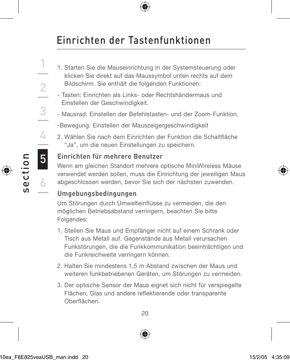 Se ct io n, Einrichten der tastenfunktionen | Belkin F8E825VEAUSB User Manual | Page 20 / 44