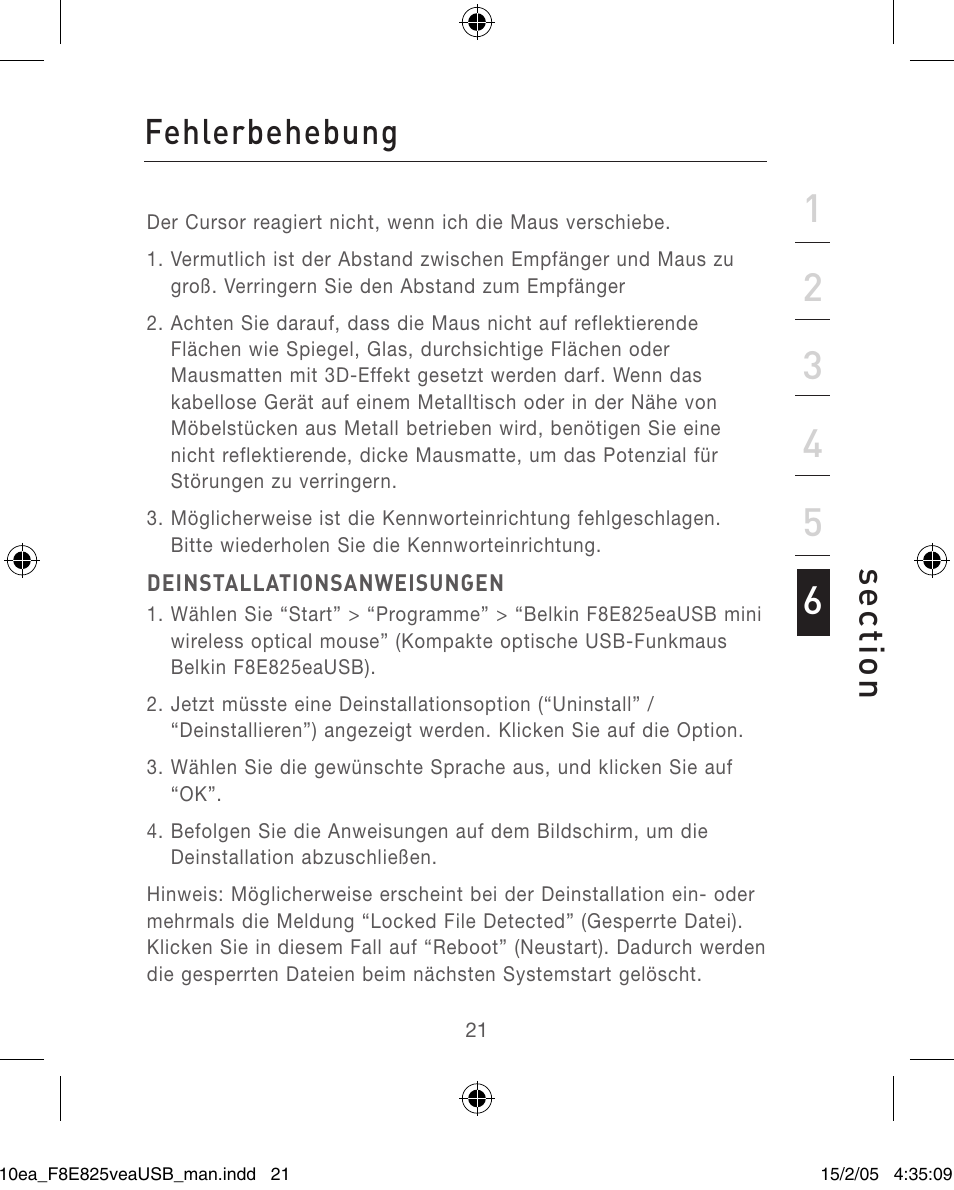 Se ct io n, Fehlerbehebung | Belkin F8E825VEAUSB User Manual | Page 21 / 44