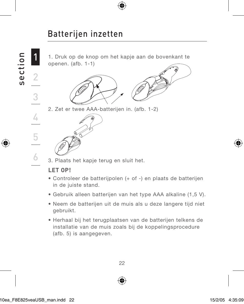 Se ct io n, Batterijen inzetten | Belkin F8E825VEAUSB User Manual | Page 22 / 44