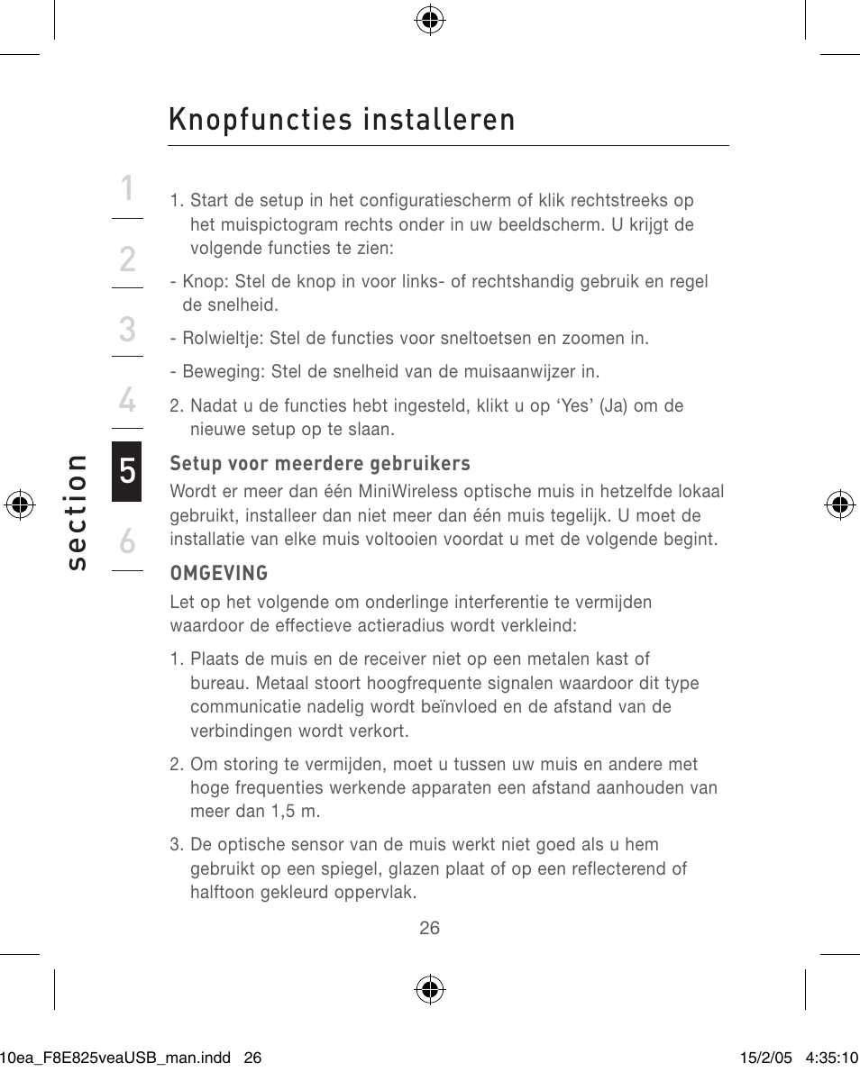Se ct io n, Knopfuncties installeren | Belkin F8E825VEAUSB User Manual | Page 26 / 44