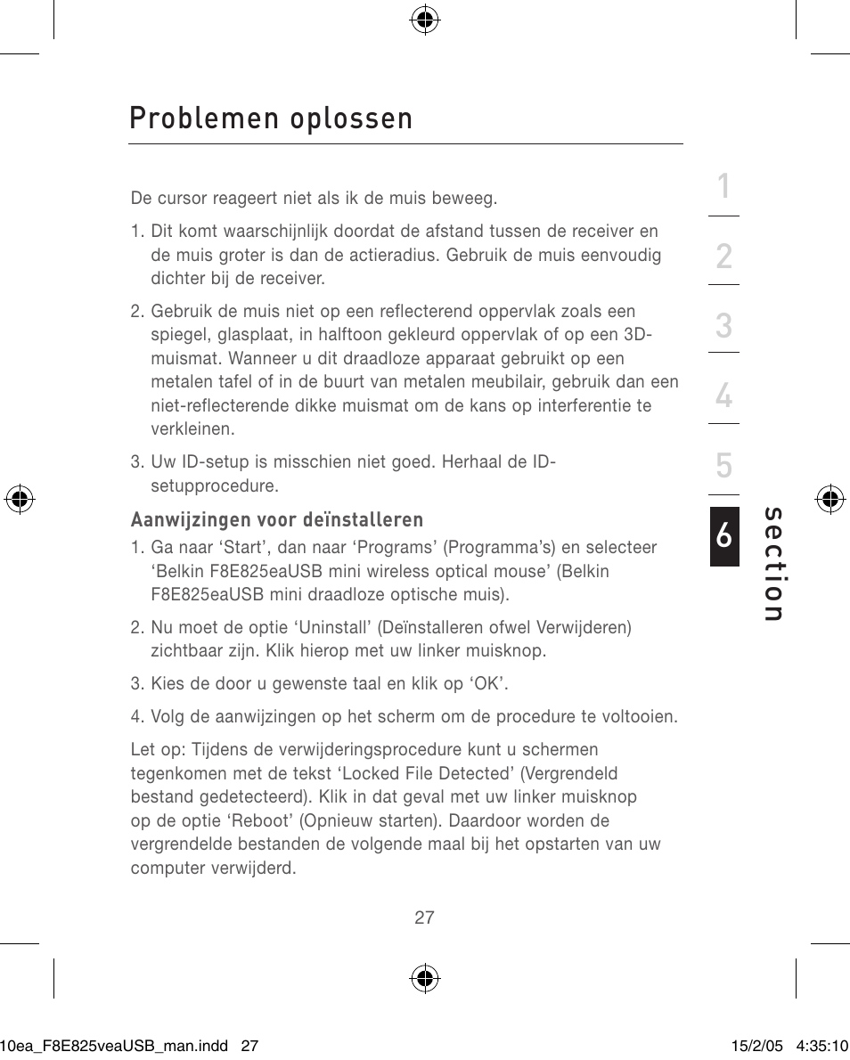 Se ct io n, Problemen oplossen | Belkin F8E825VEAUSB User Manual | Page 27 / 44