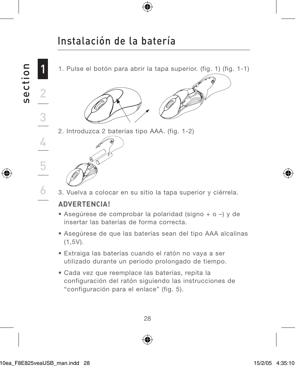 Se ct io n, Instalación de la batería | Belkin F8E825VEAUSB User Manual | Page 28 / 44