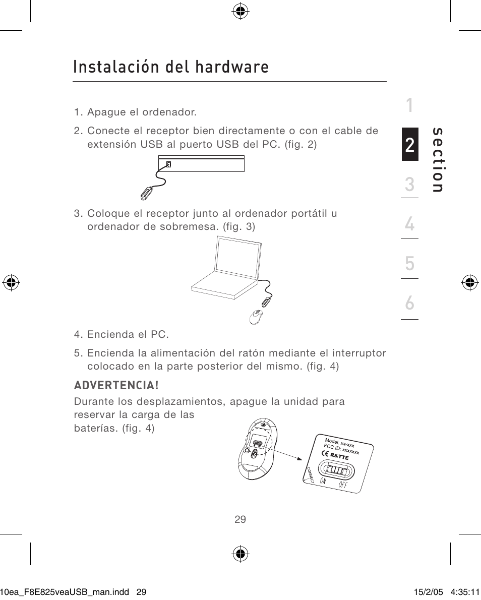 Se ct io n, Instalación del hardware | Belkin F8E825VEAUSB User Manual | Page 29 / 44