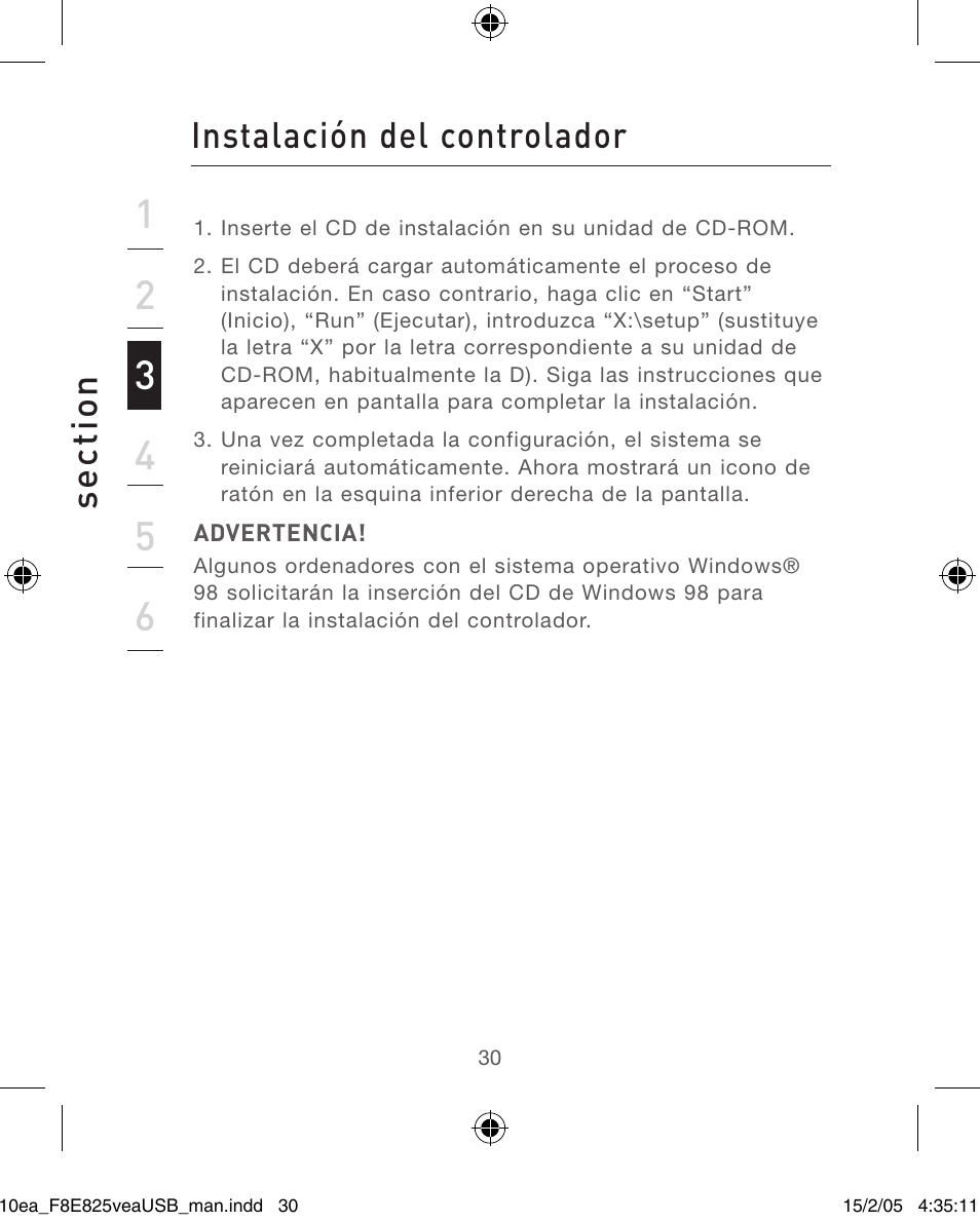 Se ct io n, Instalación del controlador | Belkin F8E825VEAUSB User Manual | Page 30 / 44