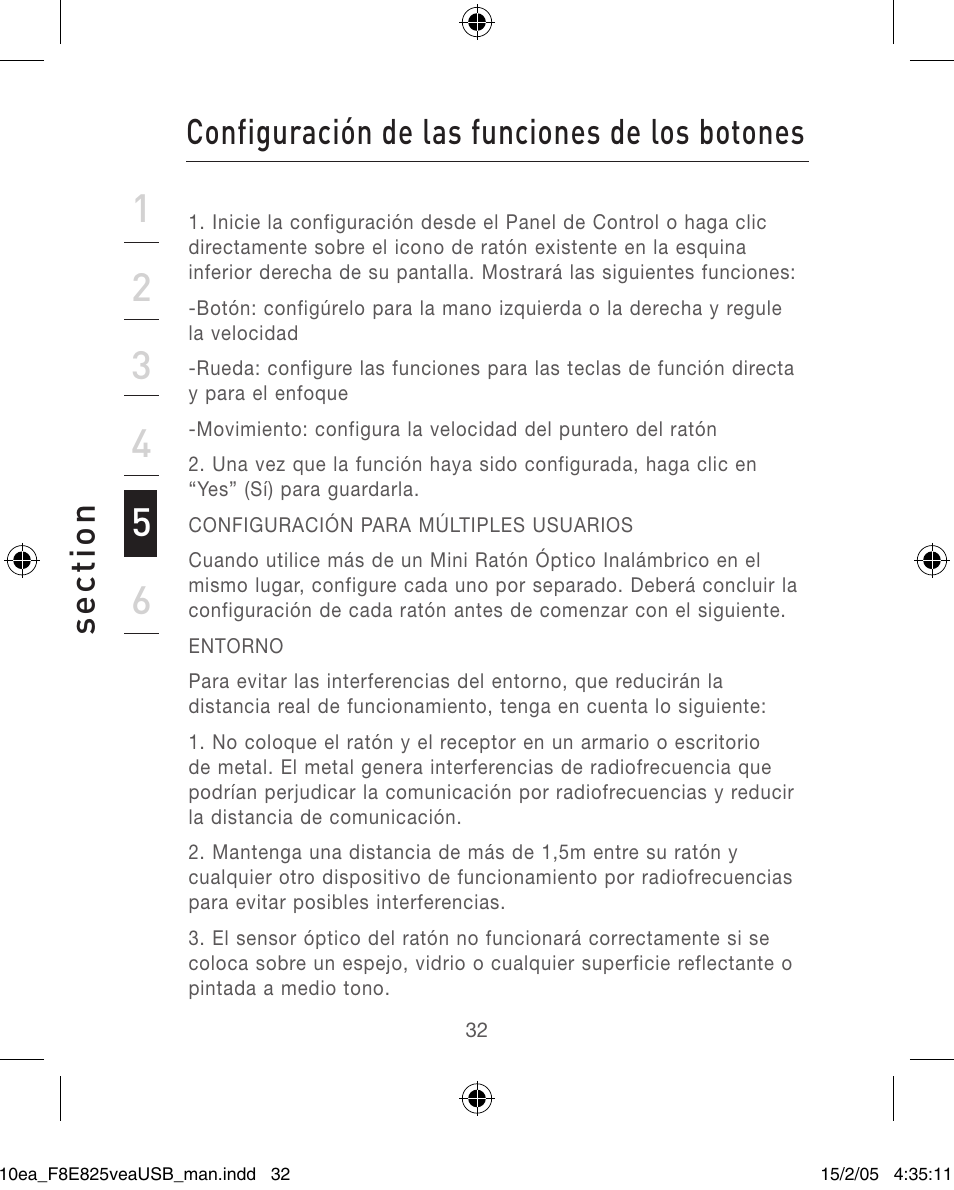 Se ct io n, Configuración de las funciones de los botones | Belkin F8E825VEAUSB User Manual | Page 32 / 44