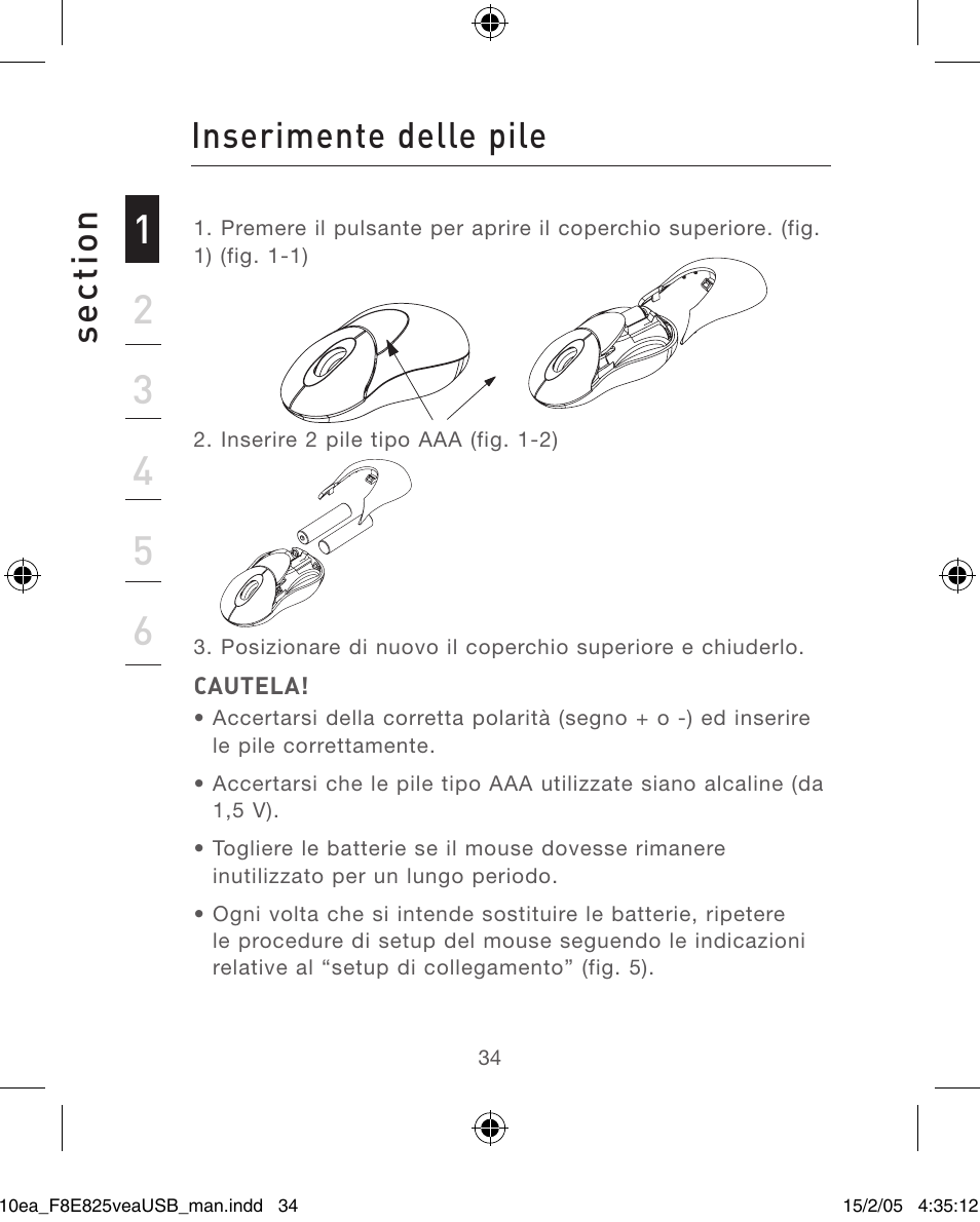 Se ct io n, Inserimente delle pile | Belkin F8E825VEAUSB User Manual | Page 34 / 44