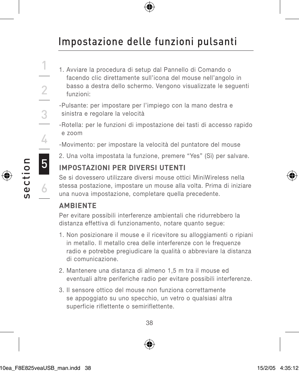 Se ct io n, Impostazione delle funzioni pulsanti | Belkin F8E825VEAUSB User Manual | Page 38 / 44