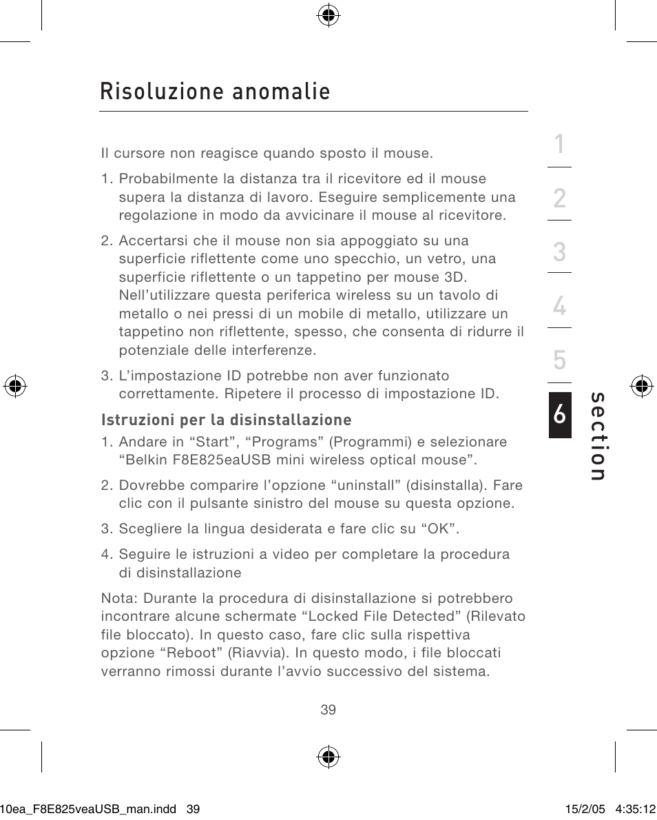 Se ct io n, Risoluzione anomalie | Belkin F8E825VEAUSB User Manual | Page 39 / 44