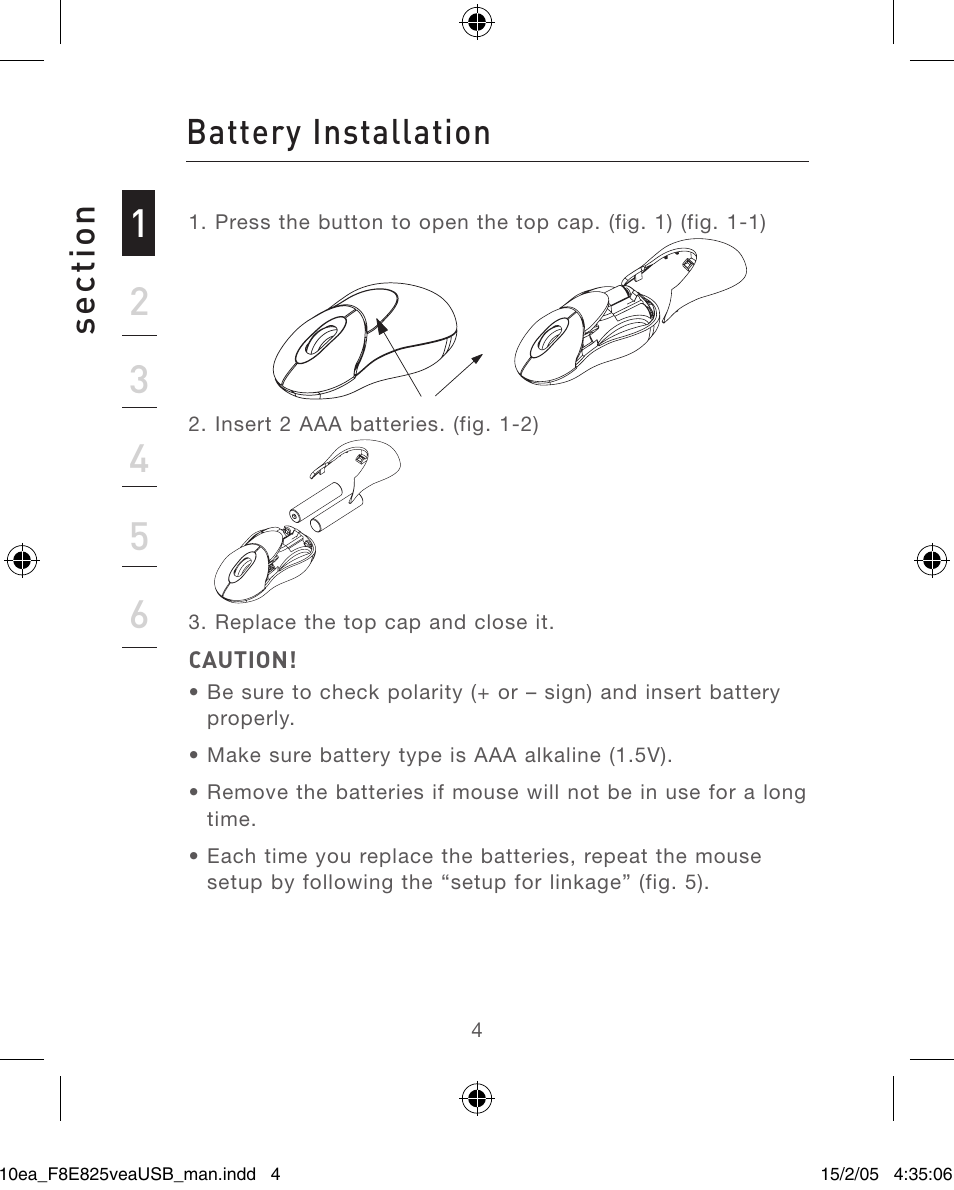 Battery installation se ct io n | Belkin F8E825VEAUSB User Manual | Page 4 / 44