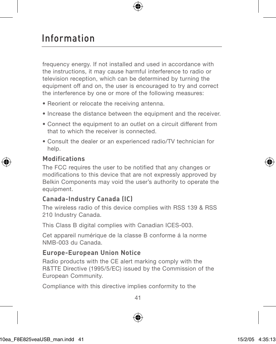 Information | Belkin F8E825VEAUSB User Manual | Page 41 / 44