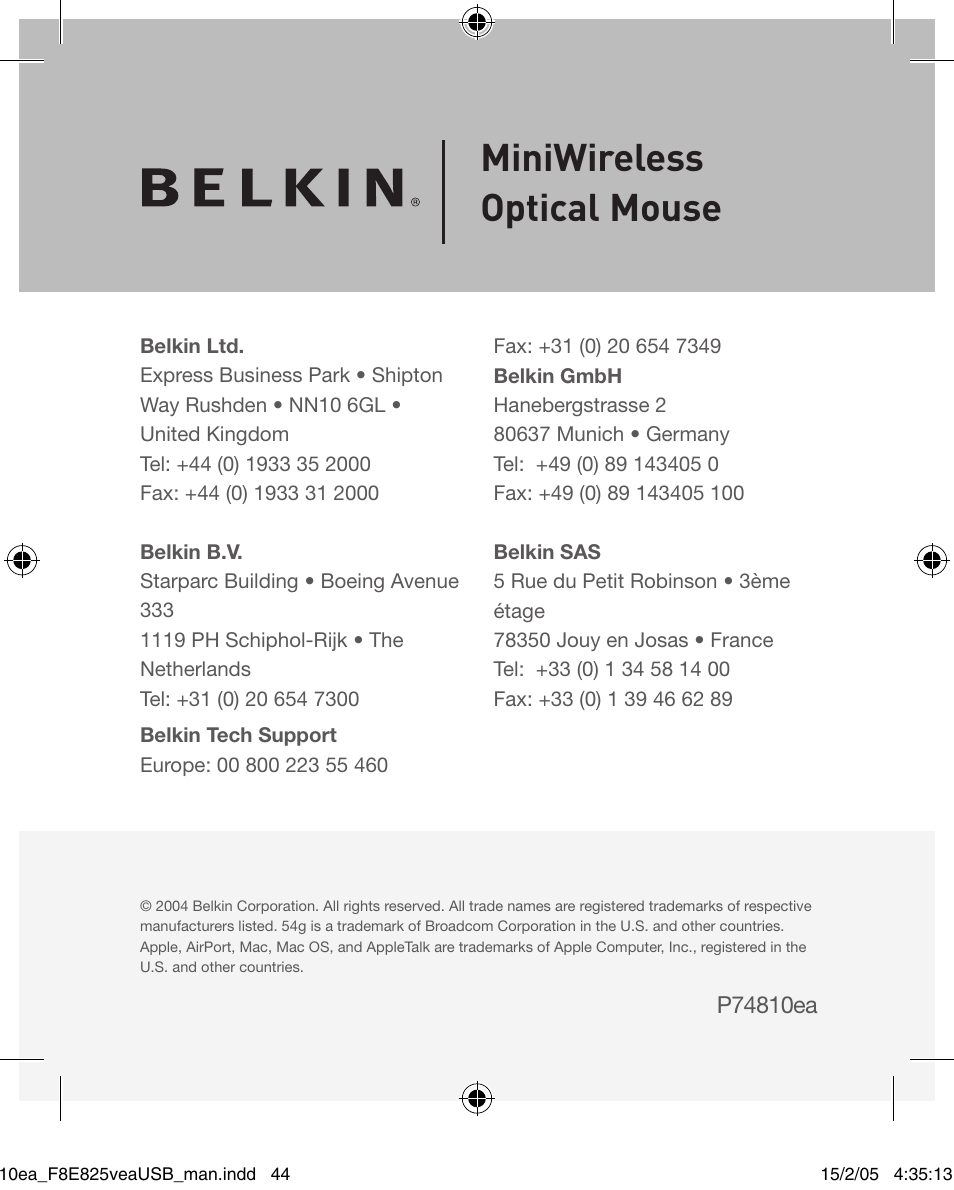 Miniwireless optical mouse | Belkin F8E825VEAUSB User Manual | Page 44 / 44