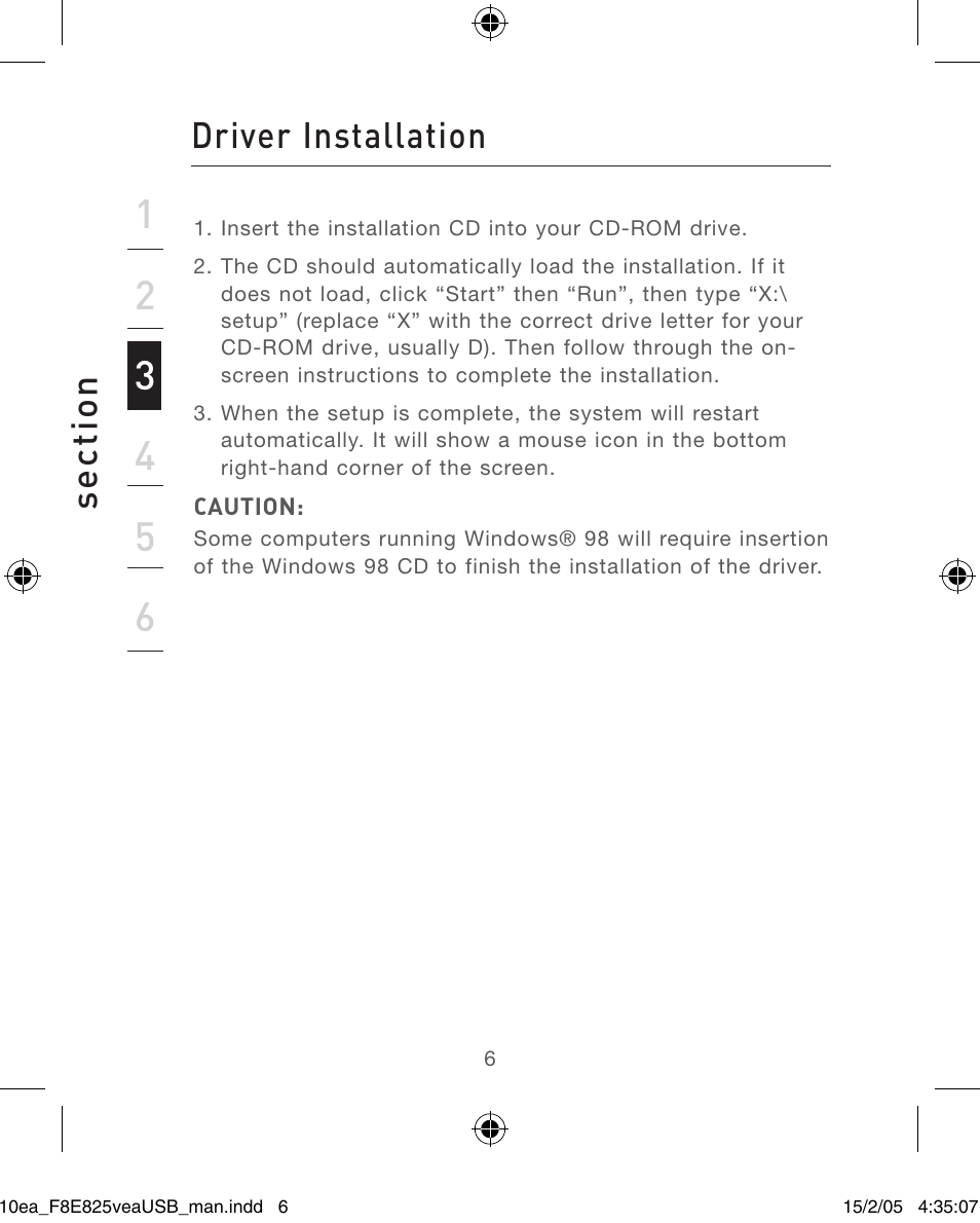 Driver installation se ct io n | Belkin F8E825VEAUSB User Manual | Page 6 / 44