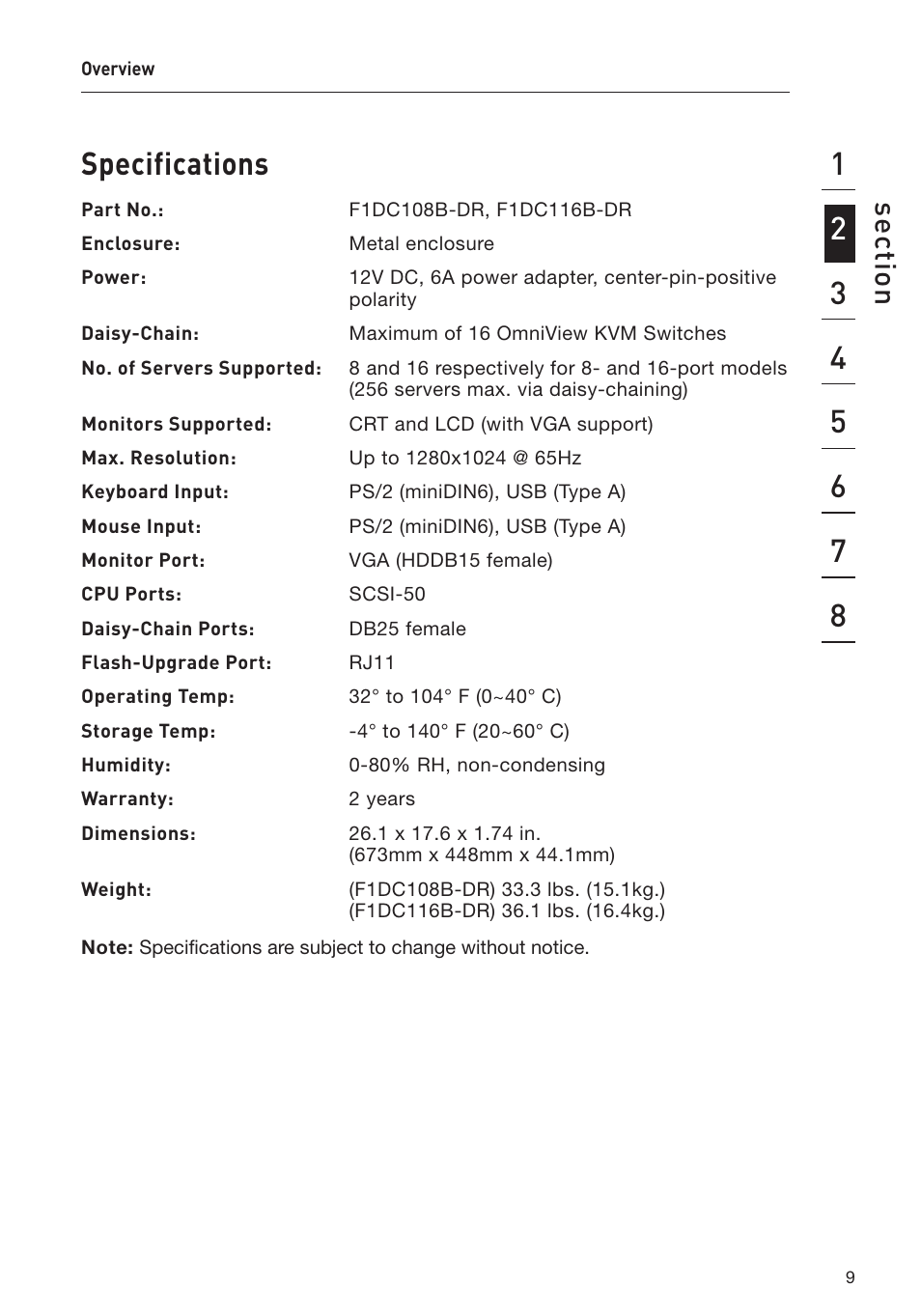 Specifications | Belkin F1DC108B-DR User Manual | Page 11 / 40