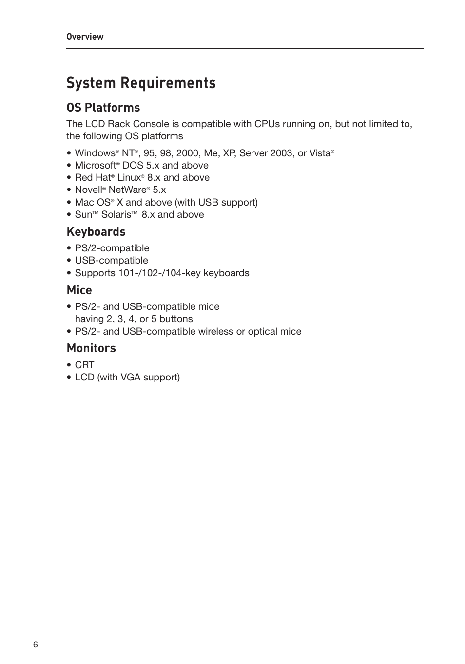 System requirements, Os platforms, Keyboards | Mice, Monitors | Belkin F1DC108B-DR User Manual | Page 8 / 40
