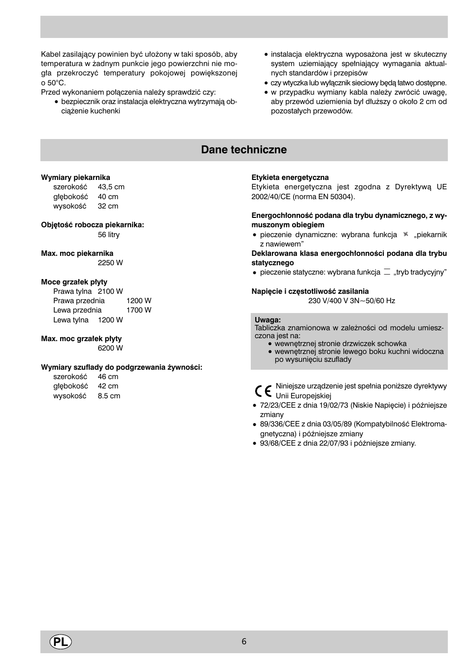 Dane techniczne | Indesit K6 C51/R User Manual | Page 6 / 68