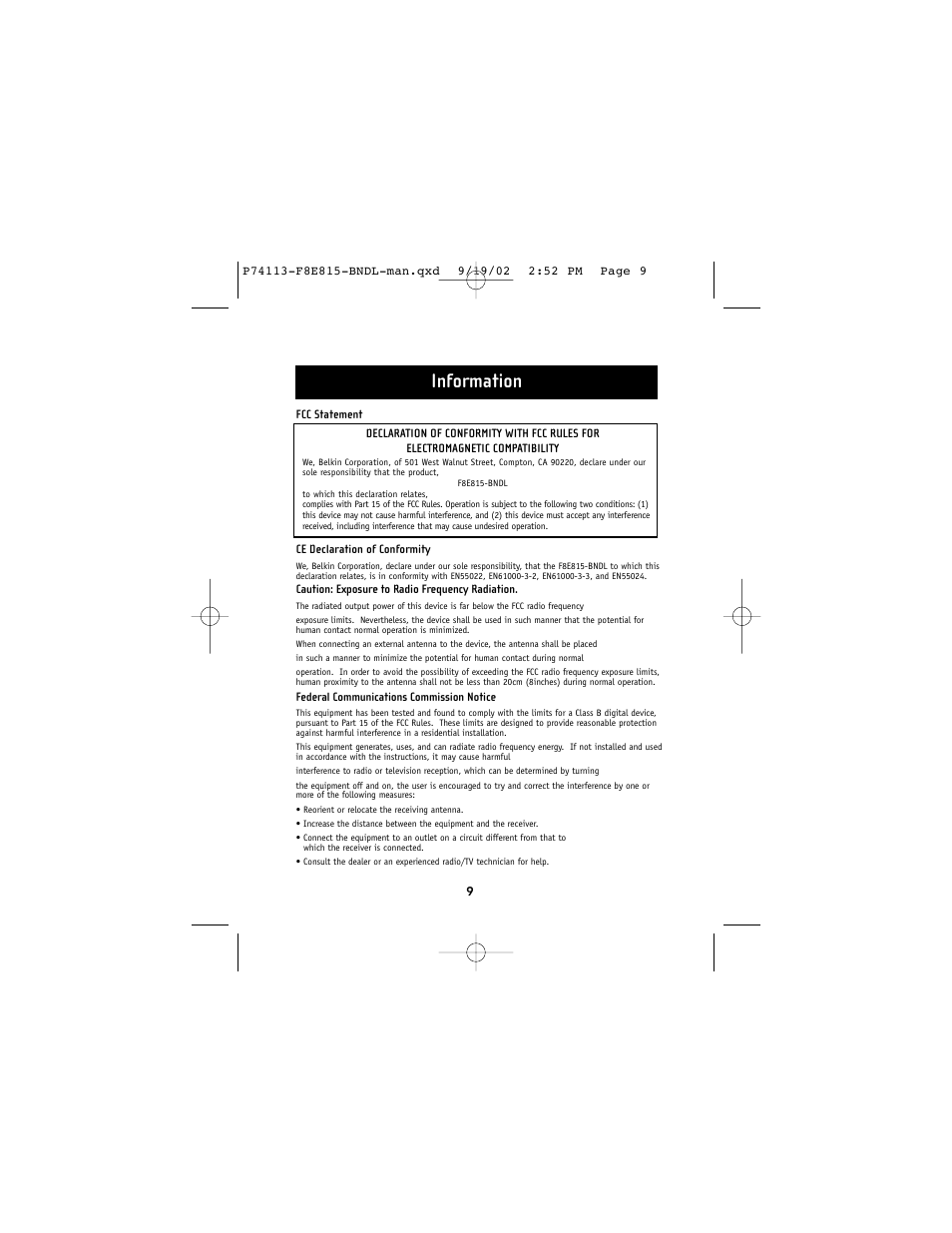 Information | Belkin F8E815-BNDL User Manual | Page 13 / 17