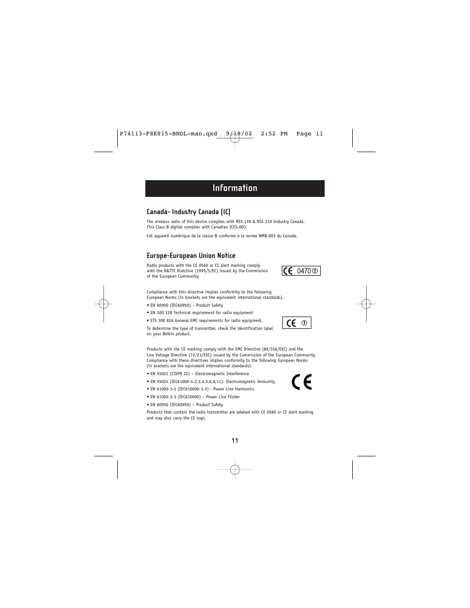 Information, Canada- industry canada (ic), Europe-european union notice | Belkin F8E815-BNDL User Manual | Page 15 / 17