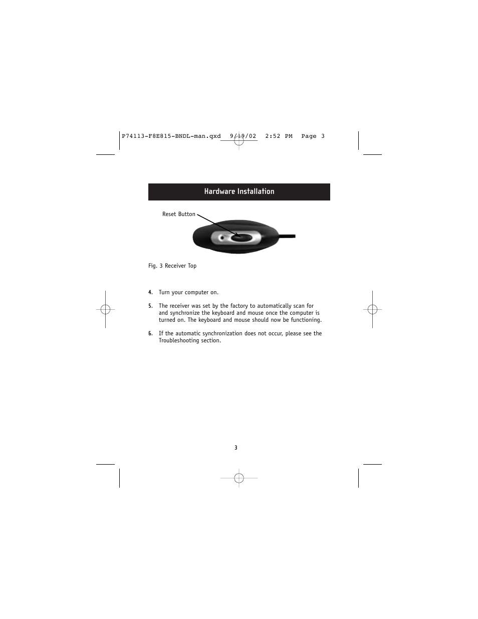 Hardware installation | Belkin F8E815-BNDL User Manual | Page 7 / 17