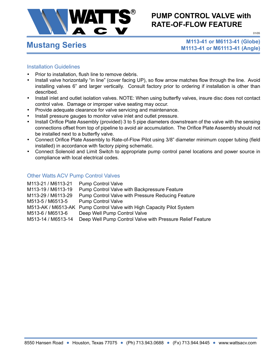 Mustang series, Pump control valve with rate-of-flow feature | Watts M1113-41 User Manual | Page 2 / 2