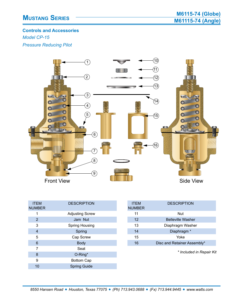 Front view side view | Watts M61115-74 User Manual | Page 5 / 7