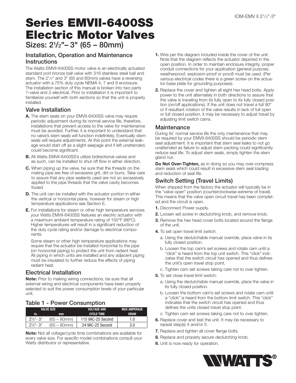 Watts EMVII-6400-SS User Manual | 2 pages