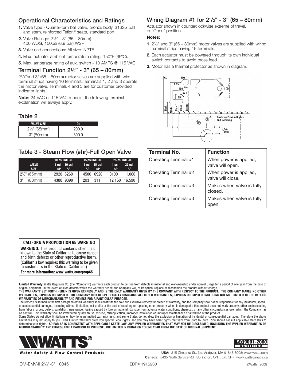 Operational characteristics and ratings, Terminal function 2, Wiring diagram #1 for 2 | Table 2, Table 3 - steam flow (#hr)-full open valve, Terminal no. function | Watts EMVII-6400-SS User Manual | Page 2 / 2