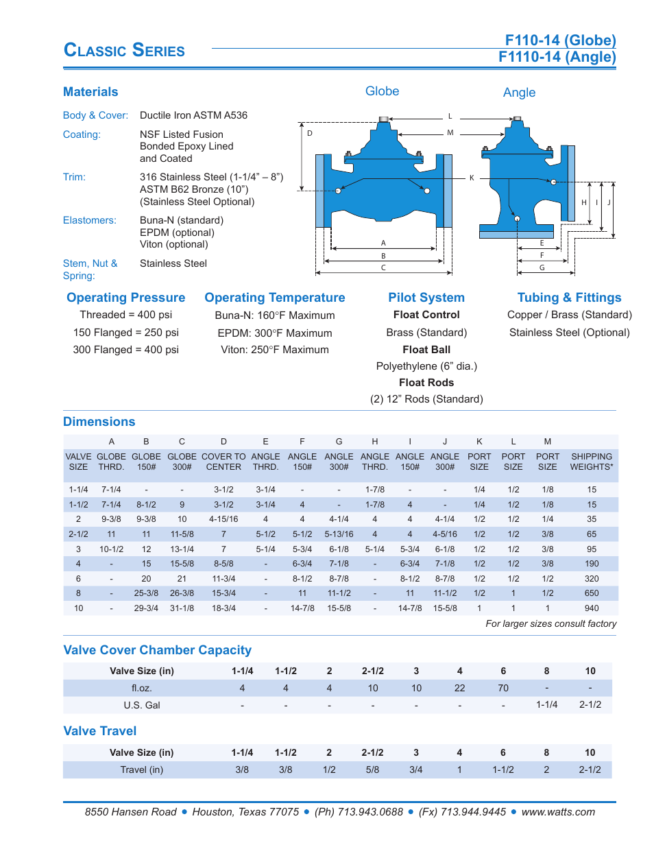 Lassic, Eries, Dimensions | Materials, Globe angle, Valve cover chamber capacity valve travel | Watts F1110-14 User Manual | Page 2 / 6