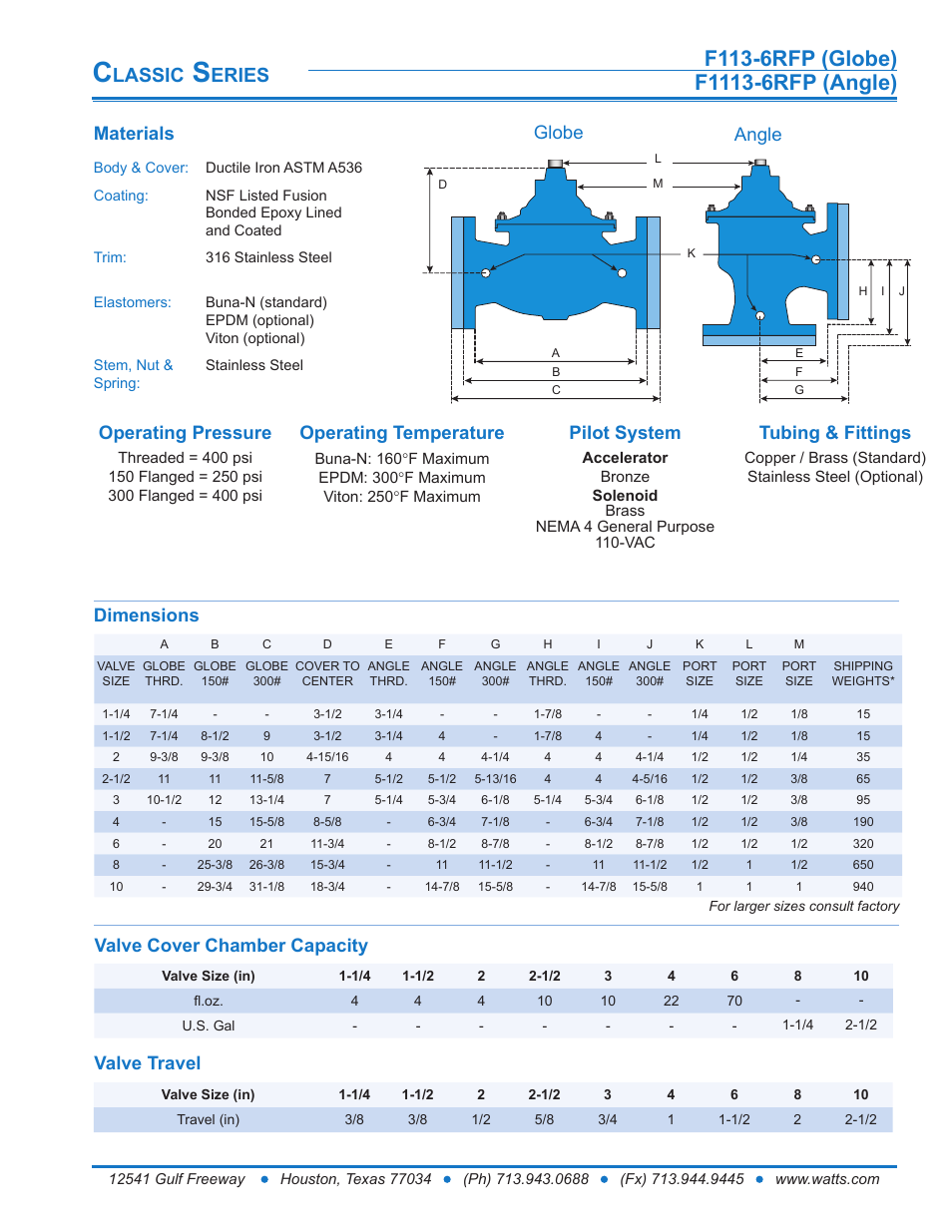 Lassic, Eries, Dimensions | Materials, Globe angle, Valve cover chamber capacity valve travel | Watts F1113-6RFP User Manual | Page 2 / 16